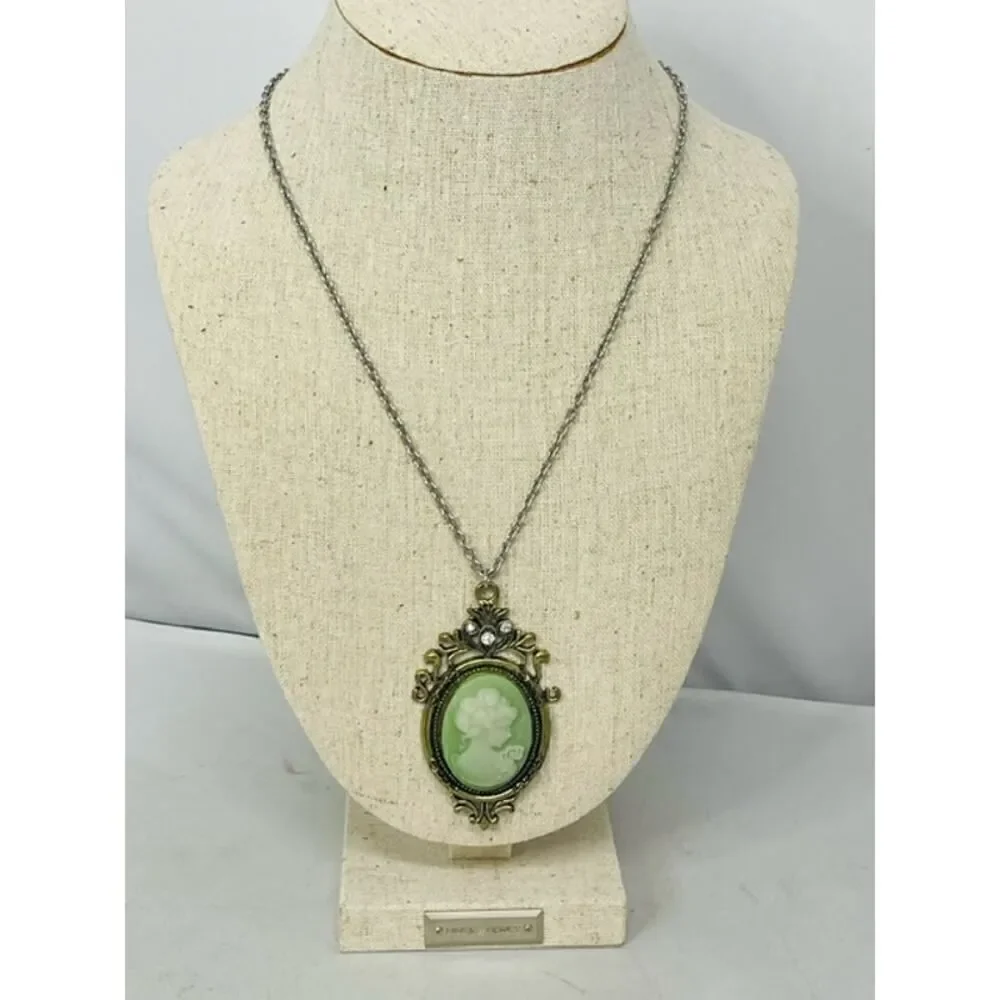 HSN Antique gold Lime Green Cameo Pendant on silver Chain 20